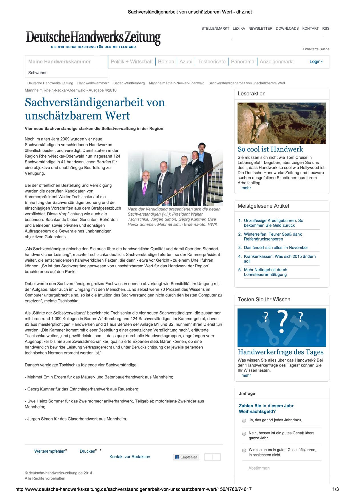 2009 Deutsche Handwerks Zeitung – Sachverständigenarbeit von unschätzbarem Wert